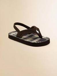 His feet will be comfy and cozy in these thong sandals with plaid insole and rear elasticized ankle strap for easy on and off.Rear elasticized ankle strapSlip-onSportbuck upperCotton liningRubber solePadded insoleImported