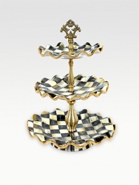 A beautifully handcrafted, tiered ceramic stand in a checkerboard juxtaposition of ivory and onyx with gold luster. The perfect addition to a buffet or party is fired three times for added strength to last a lifetime. Hand-painted and -glazed 15 high Fluted plates, 7½, 9, 11 diam. Hand wash Made in USA 