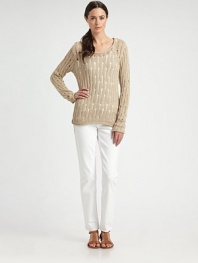 An alluring knit with a relaxed-yet-flattering fit and intriguing cable trim. ScoopneckLong sleevesAbout 25 from shoulder to hem62% linen/38% cottonMachine washImported