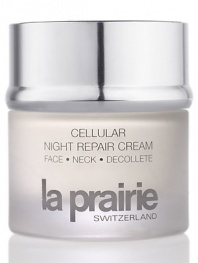 Cellular Night Repair Cream is a restorative nighttime facial treatment that works while you sleep promoting natural skin repair and recovery. While the body is resting, multi-level complexes communicate to each other and to the skin cells to help repair skin damage and reduce inflammation while hydrating, smoothing and firming; skin looks repaired, replenished and rejuvenated. 1.7 oz. 