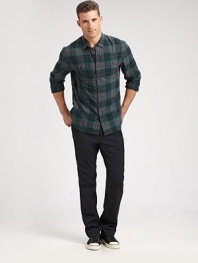 An effortless choice when comfort is as important as style in rumpled, plaid-checked cotton.ButtonfrontChest patch pocketsAbout 29½ from shoulder to hem99% cotton/1% spandexMachine washImported
