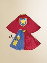 Dress up play was never so fun or so easy - just grab this shiny satin cape and become your favorite super hero in seconds. Grip tape closure 4 secret inside pockets for stashing your own superhero stuff Clear back pocket displays insignia (3 included) or your own artwork Polyester; hand wash Imported Fits most children 3+ up