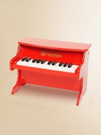 Bright red, 25-key tabletop is the perfect choice for a toddler's first piano. Both fun and educational, it is an ideal instrument to use for developing eye-hand coordination and encouraging musical creativity. Chromatically tuned Chime-like notes Play-by-color with removable color strip Songbook included Bench not included Ages 3 and up Made of maple and hardboard 11¼W X 12¼H X 9¼D Imported