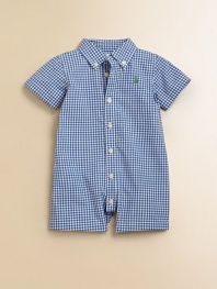 The button-down Kensington shirt inspired an adorably authentic shortall in preppy gingham cotton broadcloth.Button-down pointed collarShort sleevesButton-frontSnapped hem for easy on and offCottonMachine washImported Please note: Number of buttons/snaps may vary depending on size ordered. 