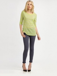 Neon stripe pop on this soft jersey knit topper.BoatneckThree-quarter sleevesChest pocketAbout 23¾ from shoulder to hem50% polyester/50% micromodalDry cleanMade in USA of imported fabricModel shown is 5'10 (178cm) wearing US size Small.