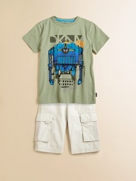 A funny robot is on the front of this colorful tee made of soft, pure cotton. CrewneckShort sleevesFront graphicCottonMachine washImported