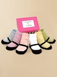 The sweetest socks baby will ever wear! Six pairs in assorted pastels are packaged in a very special shoe box. Perfect for giving. Non-skid bottoms Appropriate for ages 0-12 months Cotton; machine wash Printed in USA