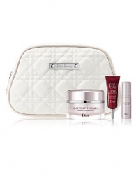Correct and prevent all signs of aging with a selection of age-defying Capture Totale treatments, perfectly sized for your on-the-go skincare needs. Set includes: a full size 1.7 oz. Multi-Perfection Crème, 0.33 oz. Travel Size One Essential and a 0.16 oz. Travel Size Capture Totale Eye Creme, encased in a couture-designed vanity case.