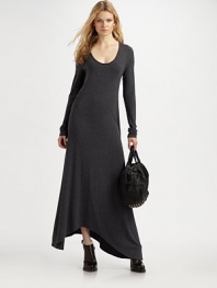 Floor-length scoopneck with long dolman sleeves and an asymmetrical cropped back hem. Scoopneck Long dolman sleeves Asymmetrical cropped back hem About 47 from natural waist 96% micro modal/4% spandex Hand wash Imported
