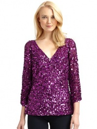THE LOOKV necklineLong sleeves with ruched detailAllover sequin embellishmentInvisible back zip with hook-and-eye closureTHE FITAbout 25 from shoulder to hemTHE MATERIALPolyesterFully linedCARE & ORIGINSpot cleanImportedModel shown is 5'11 (180cm) wearing US size 4.