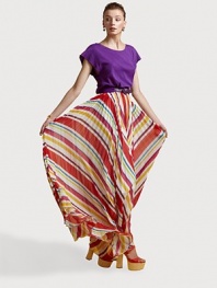Jewel-tone solids and vibrant stripes pair to make this eye-catching design.Wide neckline Dropped shoulders Stretch self belt with buckle closure Pleated skirt Open back with button-and-loop closure Asymmetric hem About 45 from natural waist Dress: polyester; lining: 77% polyester/3% spandex Dry clean Imported