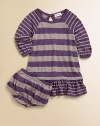 Thick-and-thin stripes on a soft heathered knit create a comfy dress for play and parties, complete with matching bloomers.Long sleeve pullover Banded neckline Raglan shoulders Drop waist with ruffled flounce Keyhole back button closure Matching bloomers with elasticized waist and leg openings 50% polyester/25% Supima cotton/25% modal Machine wash Imported