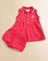 Sweet and sporty, in soft pique knit, a charming and comfy warm-weather look for your little girl.Ribbed polo collar with striped tippingSleeveless with ribbed armholesButton placketLogo appliqué at chest Softly gathered Empire waistMatching bloomer with elasticized waist and ribbed leg openings96% cotton/4% elastaneMachine washImported Please note: Number of buttons may vary depending on size ordered. 