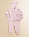Dressing has never been easier with a coordinating ruffled hoodie and sweatpant set in soft cotton fleece, perfect for the sporty girl. Hoodie Attached hoodLong puffed sleevesFull-zip closureSplit kangaroo pocketRuffled hem Pants Elastic waistband with bow detailCottonMachine washImported