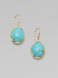From the Rock Candy Collection. At once elegant and earthy, teardrops of sparkling turquoise are richly framed in 18k gold.Turquoise 18k gold Length, about 1¼ Ear wire Imported