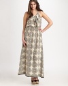 EXCLUSIVELY AT SAKS.COM. An earthy print on luxurious silk. The elongating silhouette is a chic bonus.Self-tie necklineSleevelessElasticized waistlineContrast trimPull-on styleAbout 42 from natural waistSilkDry cleanImported