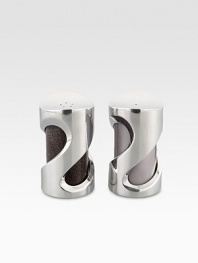 Proudly display these modern-looking salt and pepper shakers on your table: they're great for everyday and special occasions alike. The smoked glass makes it easy to tell them apart, while the alloy swirl is a whimsical design element that is unique, original and definitely eye-catching. From the Swirl Collection Metal/smoked glass Each: 4H X 2½ diam. Wipe clean Imported 