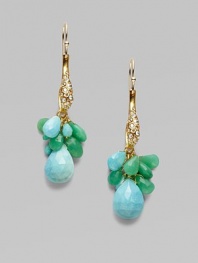 A cool-colored cluster of faceted turquoise and chrysoprase, capped by the shimmer of Swarovski crystals.Turquoise and chrysoprase Crystal 18k goldplate Drop, about 2¼ Ear wire Made in USA