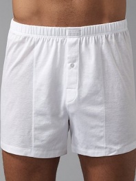 Soft mercerized cotton jersey boxer short has a looser fit for added comfort. Elasticized waist Single-button fly Machine wash Imported