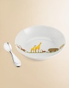 An adorable set destined for a special place in your family for decades to come. Whimsical hippos, giraffes and monkeys enrich a fine porcelain bowl, while a hippo details the gleaming silver spoon. From the Savane collection Bowl, 7¼ diam. Spoon, 5 long Bowl is dishwasher safe Made in France 