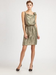 This crinkle-constructed metallic style features an artfully knotted shoulder with an attached rosette.Square neckline with attached rosette and knot shoulder detailSleevelessMatching D-ring beltSubtle bubble hemConcealed back zipFully linedAbout 22 from natural waist60% linen/27% acetate/13% silkDry cleanMade in Italy of imported fabricModel shown is 5'11 (180cm) wearing US size 4. 