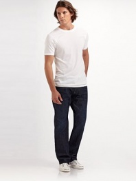 A low-rise classic is cut with straight legs and a comfortable fit in dark, inky denim. Five-pocket style Stitched back pockets Inseam, about 34 Cotton Made in USA 