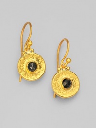 From the Droplet Collection. Stunning, rosecut black diamonds are set within glistening round droplets of hammered 24k yellow gold. Black diamonds, 0.64 tcw 24k yellow gold Width, about ½ Drop, about 1 Ear wire Imported 