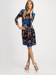 A regal print highlights this chic stretch-knit frock, shaped by a fitted top and pleated skirt.Jewel necklineThree-quarter sleevesFlat waistbandPrincess side panelsSide zipperAbout 37 from shoulder to hem94% polyester/6% polyurethaneDry cleanImportedModel shown is 5'9 (175cm) wearing US size 4.