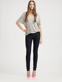 EXCLUSIVELY AT SAKS.COM. Dark rinse low-rise denim with ultra-fitted skinny-leg. THE FITLow-riseSkinny legRise, about 8Inseam, about 27½THE DETAILSZip flyButton closureFive-pocket styleRise, about 8Inseam, about 3498% cotton/2% spandexMachine washMade in USA of imported fabricModel shown is 5'10 (177cm) wearing US size 4.