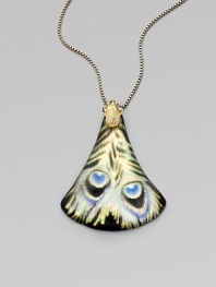 A graceful, bell-shaped pendant of hand-sculpted, hand-painted Lucite reflects the exotic patterns an rich colors of a peacock feather, and hangs from a bold box chain with a Swarovski crystal-set bale.LuciteCrystalGoldtoneBronze and gunmetal platedLength, about 18 with 3 extenderLobster claspMade in USA