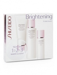 An introductory kit of Shiseido's White Lucent cleansing foam, softener, and day moisturizer with SPF. White Lucent skincare illuminates skin's natural beauty for a pure radiance that glows from within. The collection contains a Triple-Action Brightening System, preventing discoloration while visibly diminishing existing dark spots and uneven skin tone. This three-step daily brightening regimen includes 2.8 oz. Brightening Cleansing Foam, 3.3 oz.