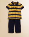 A casual set pairs a playfully striped cotton mesh polo with a comfy cotton mesh pant for an athletic-inspired look. Shirt Ribbed polo collarShort sleeves with ribbed armbandsFront buttonEven vented hem Pants Elastic drawstring waistbandSewn flyAngled hand pocketsCottonMachine washImported