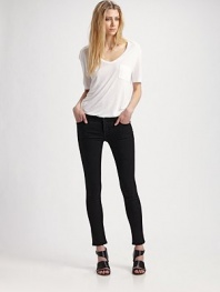 A rich black wash in clingy stretch denim leggings.THE FITBody-hugging fit from waist to ankle Mid rise Inseam, about 31THE DETAILSZip fly Button waist with belt loops Front scoop pockets and patch coin pocket with rivets Back patch pockets Signature patch at waist 44% rayon/29% cotton/25% cupro/2% polyurethane Machine wash Made in USA of imported fabric