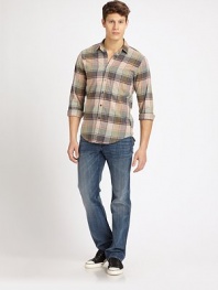 A laid-back look you'll turn no no matter the season or occasion in earthtone plaid checks with reverse-seam detail Buttonfront Cotton Machine wash Made in USA 