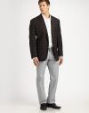 Impeccably crafted in a rich plaid design with braided trim detail, tailored in a classic fit that can easily be paired with trousers or denim.ButtonfrontFront flap, welt pocketsAbout 31 from shoulder to hem49% viscose/49% polyester/2% spandexDry cleanImportedAdditional Information Men's Sweaters, Blazers, Jackets and Overcoats - Chest Sizing (European Equivalents) 