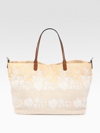 Stash your essentials in this roomy silhouette of woven straw finished with gorgeous lace embroidery.Leather double top handles, 8¾ dropTop snap closureProtective metal feetOne inside zip pocketTwo inside open pocketsCotton lining15¾W X 12H X 7½DMade in Italy