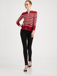 This striped knit style is embellished with an artfully draped chiffon back panel.Rib-knit crewneck, cuffs and hemLong sleevesButton frontSide slash pocketsDraped chiffon back insetAbout 26 from shoulder to hemBody: cottonInsets: cupro, polyesterDry cleanImportedModel shown is 5'11 (180cm) wearing US size Small. 