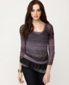 A ruffled hem adds an irreverently feminine twist to this ombre striped Kensie sweater!