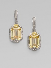 From the Estate Collection. An emerald-cut canary crystal stone set in a textured sterling silver, sparkling with white sapphires and accented in 18k gold.Canary crystalWhite sapphireSterling silver18k goldHinge-and-post backDrop, about 1¼Imported 