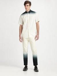 Simple enough as woven short-sleeve shirts go, this one intrigues with ombre coloring at the shoulders that fades to black at the collar. Modified point collarFront buttonsShort sleevesCottonDry cleanImported of domestic fabric