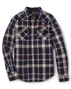 A haute-grunge plaid print and rolled sleeve styling amps up the cool factor of this GUESS Kids button-up.