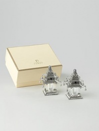 Intriguing, crystal salt-and-pepper shakers are detailed with Swarovski crystals and freshwater pearls. Platinum-plated Gift boxed Imported