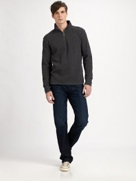 Textured cotton knit favorite with half-zip and high stand collar.Ribbed cuffs Shirttail hem 91% cotton/9% polyester Machine wash Imported