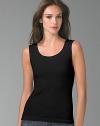 Soft, seamless stretch knit with a hint of shimmer. Banded neckline and hem Cotton/nylon/elastene Machine wash Imported