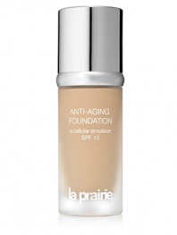 Anti-Aging Foundation a cellular emulsion SPF 15 is a luxurious, fluid foundation that appears natural, yet provides gorgeous coverage on the skin. This innovative skincare foundation is formulated with La Prairie's proprietary Intervention Complex and La Prairie's legendary Cellular Complex for skin that is protected, flawless with a firmer more lifted appearance.