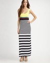 Multi-tonal stripes add graphic appeal to this sleek maxi silhouette.SleevelessScoopneckPullover styleAbout 47 from natural waist94% rayon/6% spandexDry cleanMade in USA of imported fabricModel shown is 5'11 (180cm) wearing US size 4.
