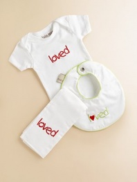 Three soft and comforting baby basics of plush cotton, adorably embroidered to remind everyone how special your little one is. The gift-boxed set includes: Snap-bottom, short-sleeve bodysuit Snap-close bib with terry backing Burp cloth Embroidery as shown Cotton Machine wash Made in USA