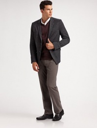 Sleek, modern style without equal in fine Italian virgin wool with a straight-leg fit and a hint of stretch ease. Side slash, back flap pocketsInseam, about 3495% virgin wool/5% elastaneDry cleanImported
