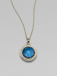 From the Lollipop Collection. Color surrounded by shimmer, from a faceted blue topaz, framed in diamonds, hanging on a graceful chain. Blue topaz Diamonds, 0.14 tcw 18k yellow gold Chain length, about 16 with 2 extender Pendant diameter, about ½ Lobster clasp Imported