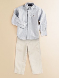 An all-season favorite in cotton oxford and fresh stripes, embroidered with the iconic polo player. Button-down collar Button front Barrel cuffs Shirttail hem Cotton; machine wash Imported